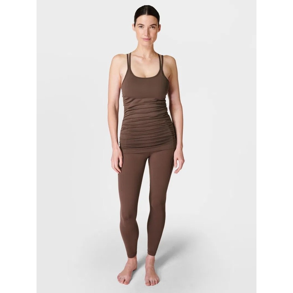 Sweaty Betty Namaska Yoga Tank Top Brown Strappy Cross Back Ruched Size S 4